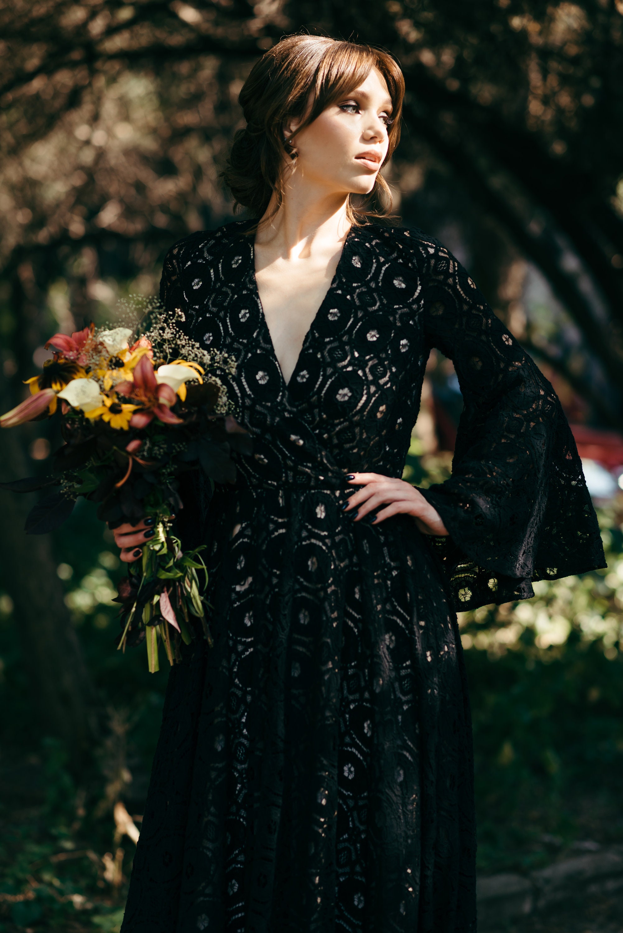 Black Macrame Lace Wedding Dress: Bohemian Bridal Gown