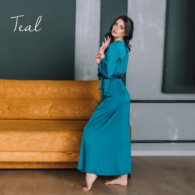Teal satin bridesmaid robe, long getting ready dressing gown, handmade UK bridal party gift