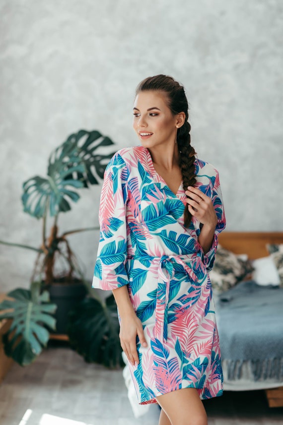 Long Bridal Robe Spa Robe Tropical Print Wedding Robe for Bride