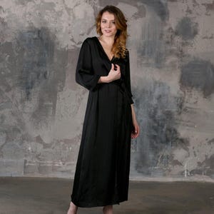 Long black satin robe open front, ankle length kimono dressing gown handmade in the UK