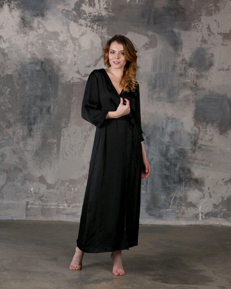 Long black satin robe open front, ankle length kimono dressing gown handmade in the UK
