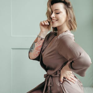 Mocha satin bridesmaid robe, long getting ready dressing gown, handmade UK bridal party gift