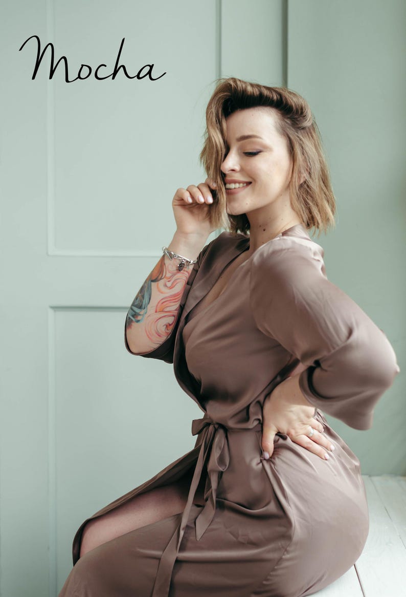 Mocha satin bridesmaid robe, long getting ready dressing gown, handmade UK bridal party gift