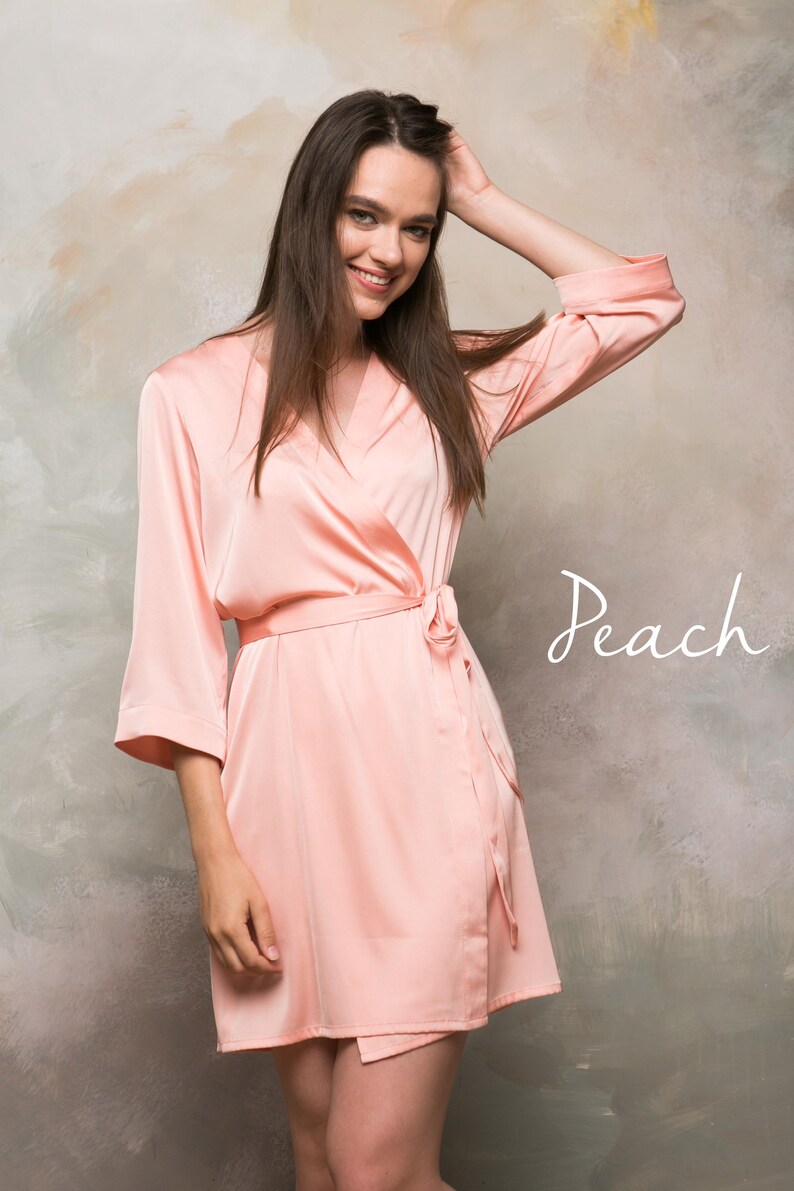Peach satin short bridesmaid robe, getting ready dressing gown, handmade UK bridal party gift