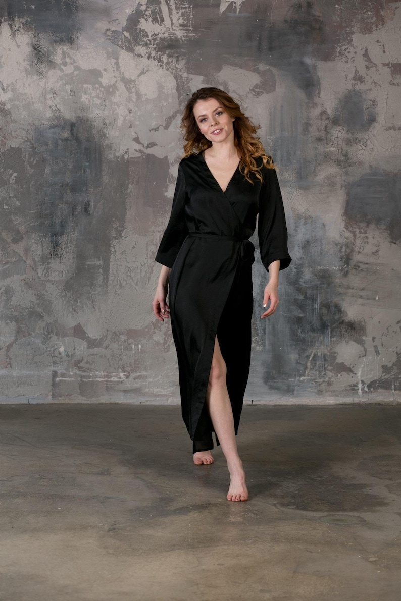 Long black satin robe on model, elegant bridesmaid getting ready dressing gown handmade in Birmingham