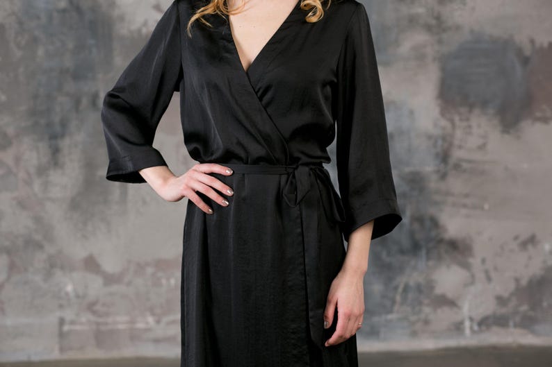 Black satin short bridesmaid robe, handmade UK getting ready dressing gown for bridal party gift