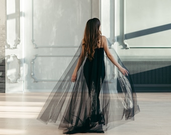 Black Tulle Wedding Cape: Gothic Bridal Veil, Photoshoot Accessory