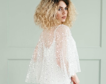Brautkleid Cape | Elfenbein-Braut-Cape | Perlen Umhang | Glitzernde Brautaccessoires