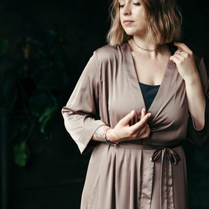 Mocha brown long satin bridesmaid robe, getting ready dressing gown, handmade UK bridal party gift
