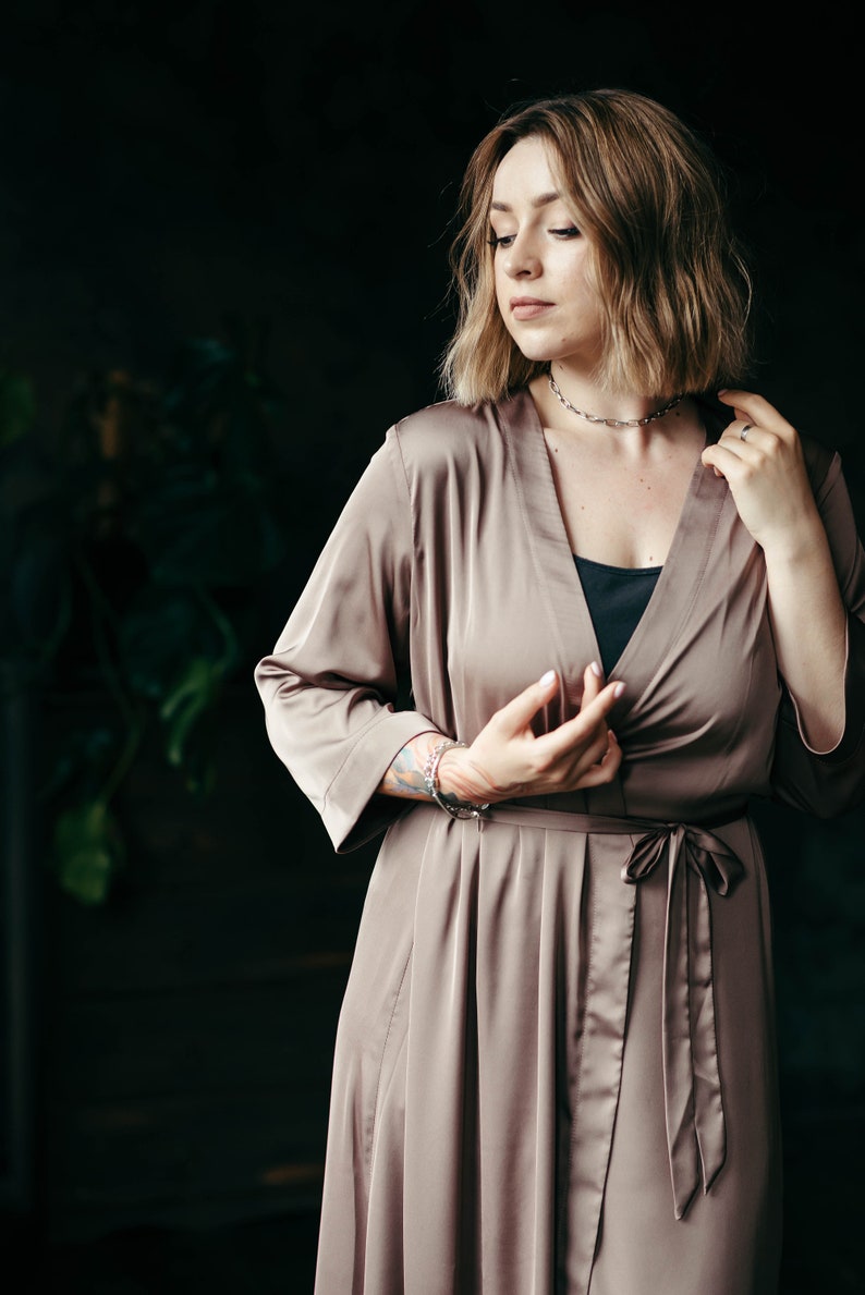 Mocha brown long satin bridesmaid robe, getting ready dressing gown, handmade UK bridal party gift