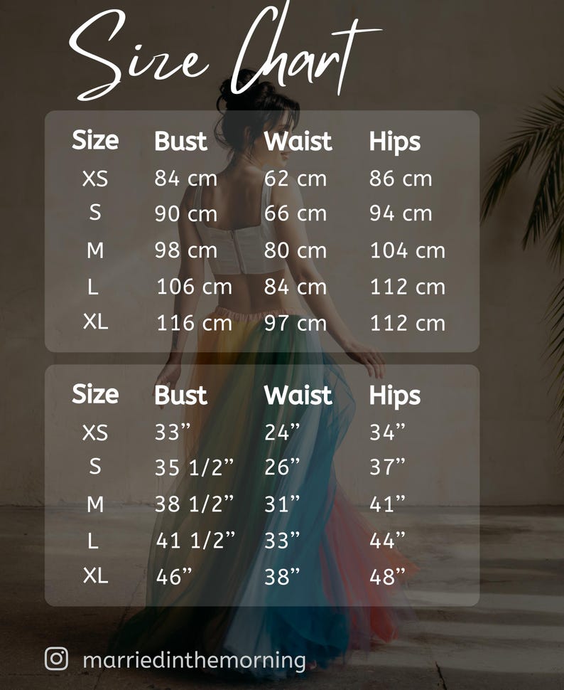 Size guide for satin bridesmaid robes, XS to XL bust waist hips measurements in cm and inches