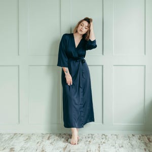 Satin plus size dressing gown in navy blue, long bridesmaid robe handmade UK, bridal party getting ready gift