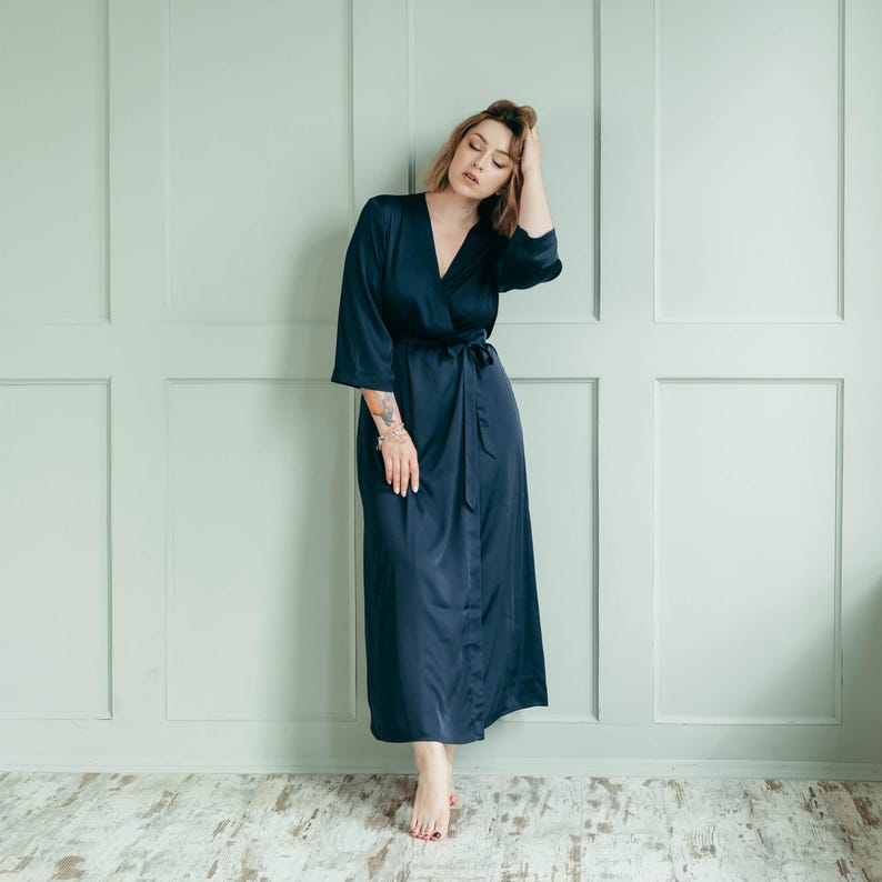 Satin plus size dressing gown in navy blue, long bridesmaid robe handmade UK, bridal party getting ready gift