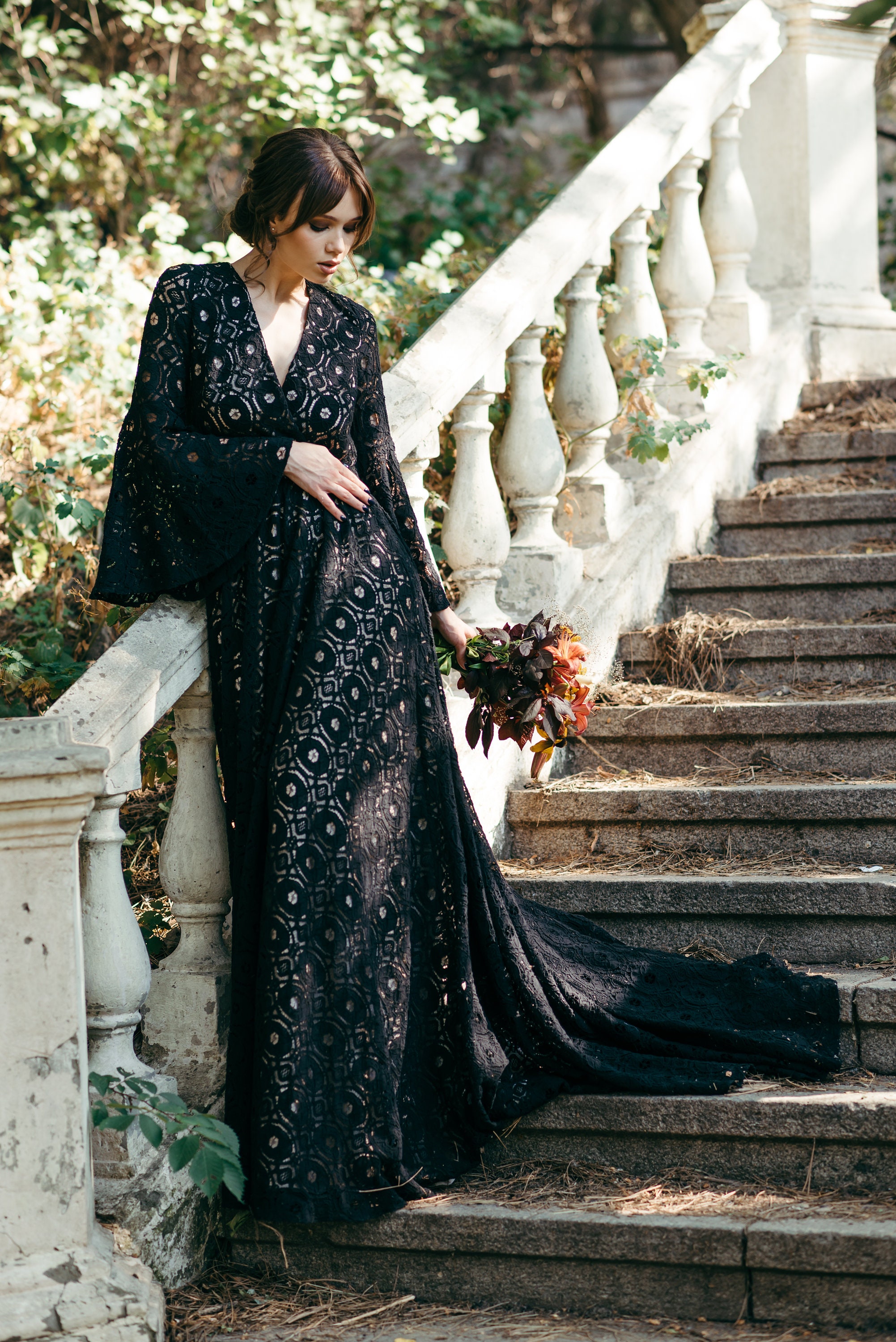 Black Macrame Lace Wedding Dress: Bohemian Bridal Gown
