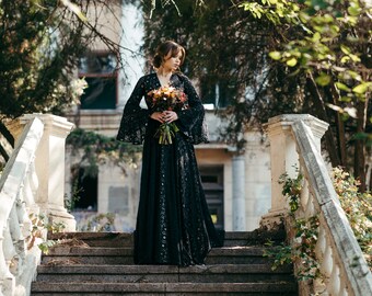 boho wedding dress black Black Bohemian Lace Wedding Dress with Fringe Sleeves