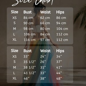 Size guide for black satin kimono robes, XS to XL bust waist hips measurements in cm and inches
