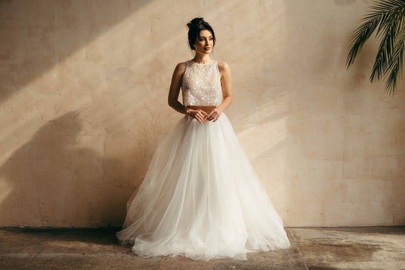 Ivory white tulle skirt styled with lace blouse – full length bridal separate
