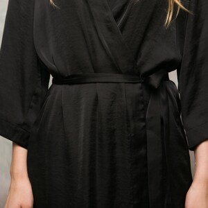 Short black satin kimono robe side view, handmade UK bridesmaid dressing gown for getting ready