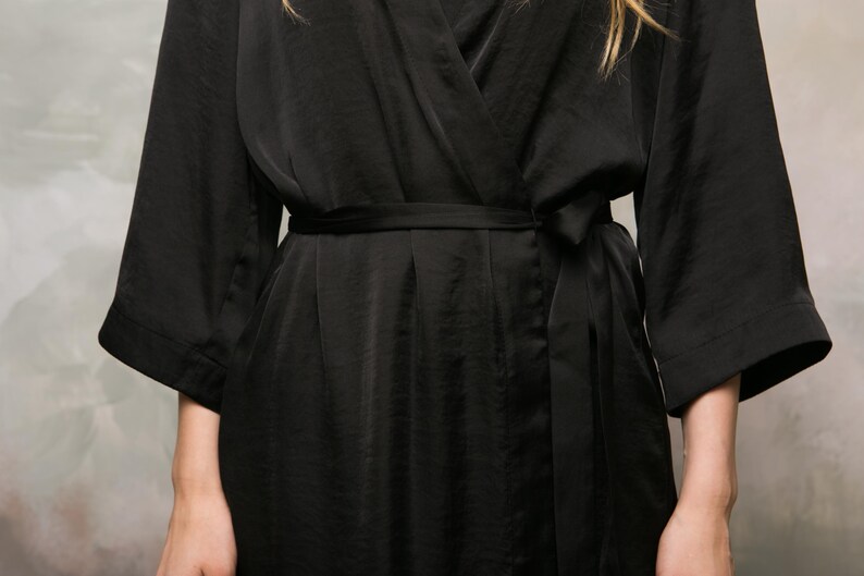 Short black satin kimono robe side view, handmade UK bridesmaid dressing gown for getting ready