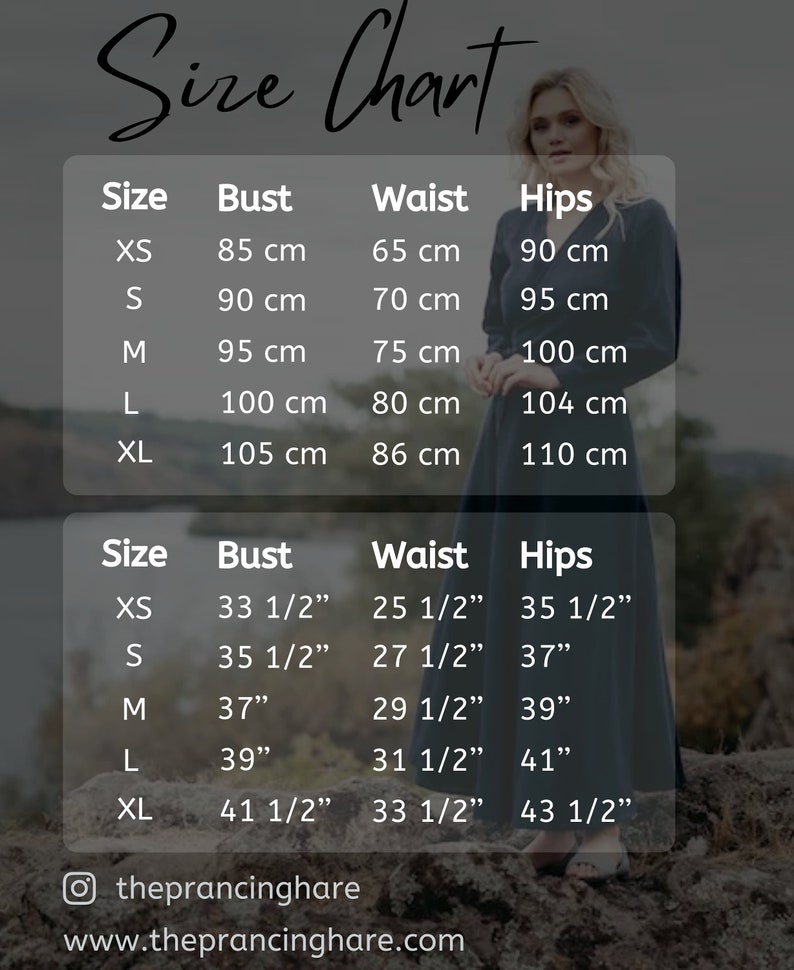 Op de afbeelding: Maattabel met borst-, taille- en heupmaten in centimeters en inches. Maten vari&euml;ren van XS tot XL. De tekst "Size Chart" staat bovenaan. De website is www.theprancinghare.com.