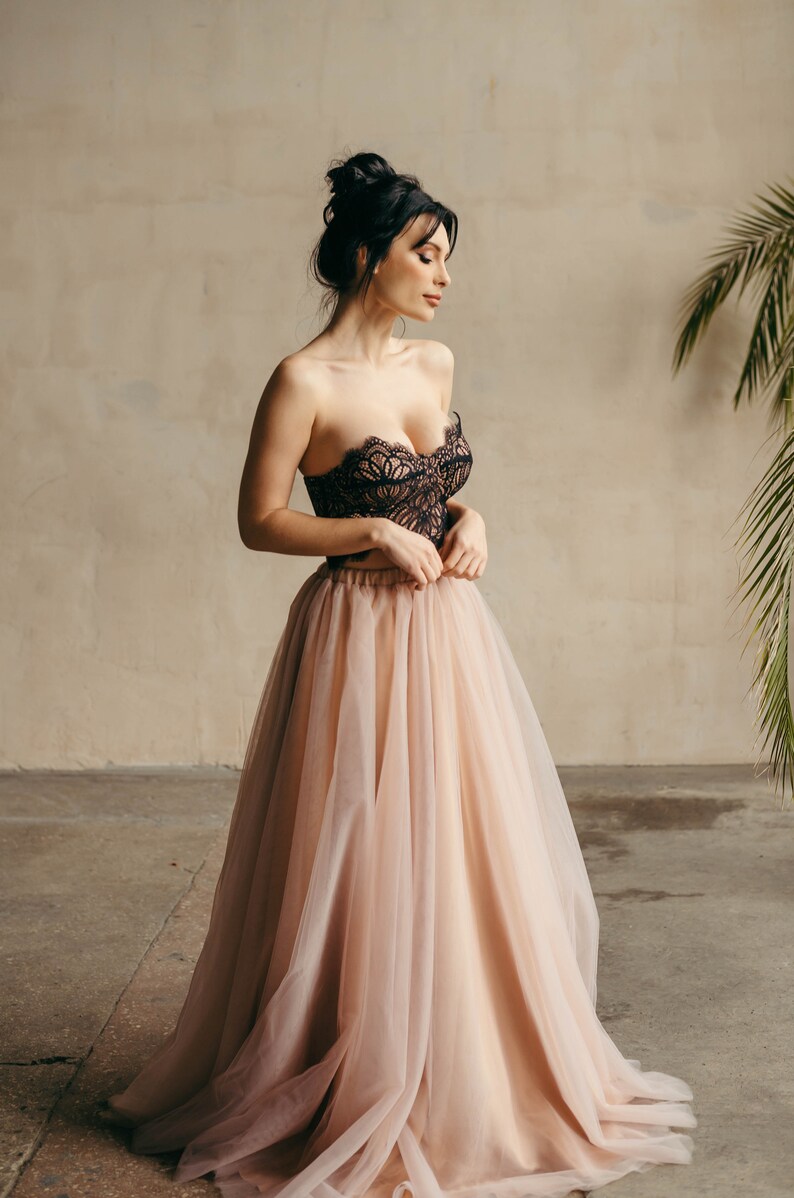 Tan beige tulle maxi skirt styled with black lace top – floor length bridal separate