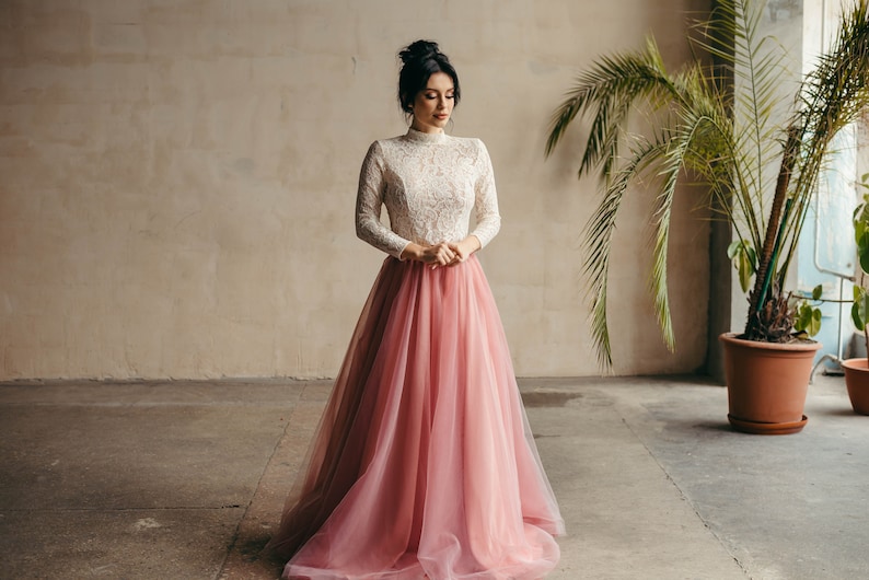 Rose pink tulle skirt with simple white top – wedding separates outfit