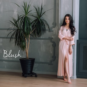Blush satin bridesmaid robe long, getting ready dressing gown for wedding morning, handmade UK gift