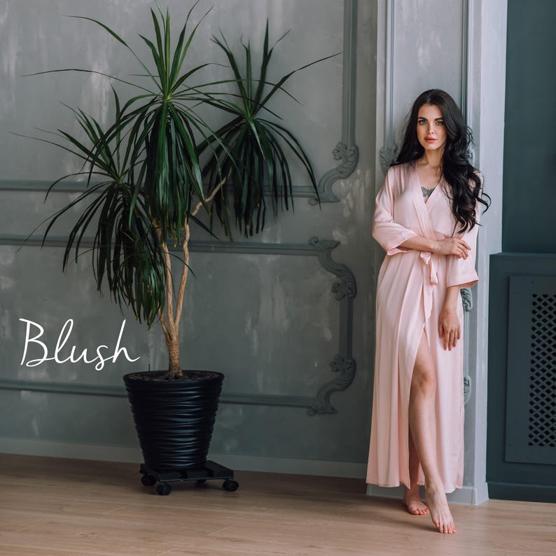 Blush satin bridesmaid robe long, getting ready dressing gown for wedding morning, handmade UK gift