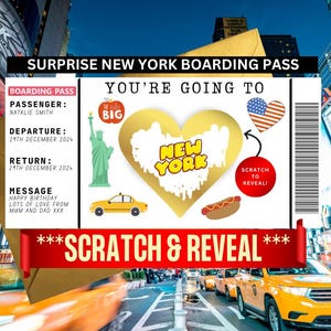 Viaje sorpresa a Nueva York, tarjeta de embarque falsa, billete de avión, vale de recuerdo personalizado, cumpleaños, regalo de Navidad, vale de viaje