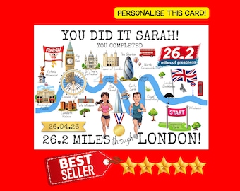 London Running Event Personalized Marathon 26.2 Miles Through London Card – Good Luck / You Didi It / Congratulations with Route