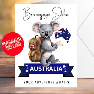 Tarjeta de Australia, Tarjeta para mudarse a Australia, Tarjeta de nuevas aventuras, Tarjeta para emigrar, Tarjeta personalizada, Tarjeta Bon Voyage, Viajes seguros, Down Under