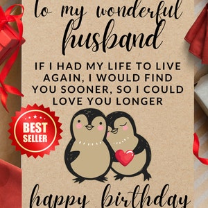 Romantic Husband Soulmate Birthday Card - Romantic Poem Penguin