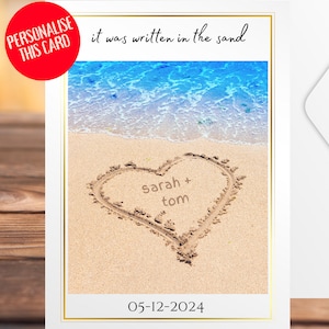 Cartão de praia personalizado, cartão de casamento personalizado, papelaria de praia, nomes na areia, mensagem na areia, cartão de casamento com tema de praia, cartão de escrita na areia