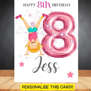 Tarjeta de cumpleaños personalizada para niñas, gimnasia gimnasta, 5º 6º 7º 8º cumpleaños, cualquier edad de nombre, para hija nieta, sobrina