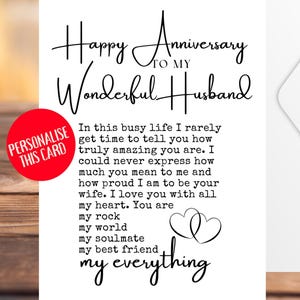 Husband Anniversary Card, Personalised Card For Husband, For Wonderful Husband Anniversary Gift, Happy Anniversary Husband, Best Husband