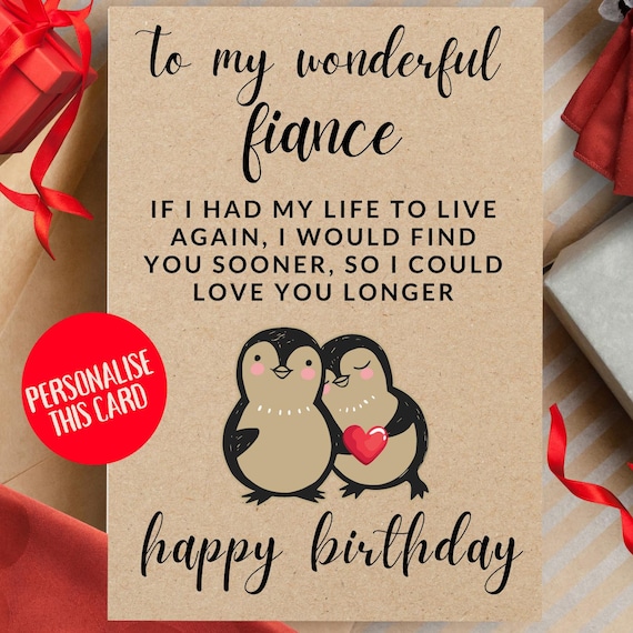 Romantic Fiance Soulmate Birthday Card - Romantic Poem Penguin Birthday Card For Wonderful Fiance - Special Card for Fiance
