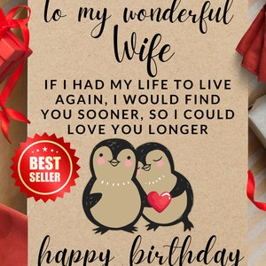 Romantic Wife Soulmate Birthday Card - Romantic Poem Penguin Birthday Card For Wife - Cute Birthday Card For Wife - Special Wife Card