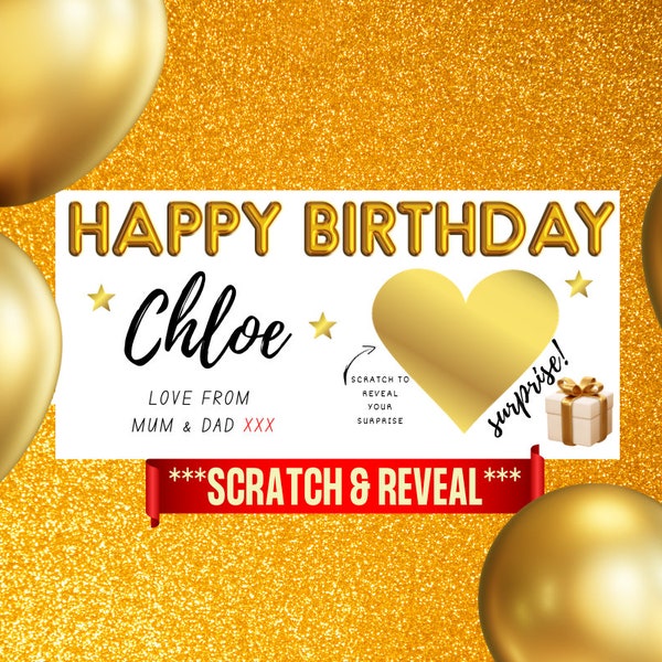 Tarjetas de revelación de regalos de cumpleaños / Rasca para ver tus tarjetas de regalo / Tarjeta de anuncio de regalo