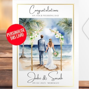 Tarjeta de boda personalizada en la playa Destino Novia y Novio