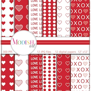 Valentijnsdag, Instant Download, 12 rode en witte Valentijnspapieren, Scrapbookpapier, Ambacht, Kaarten maken, Harten, Polka Dots, Liefde, XOXO