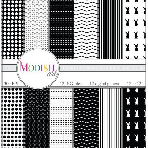 Instant Download, 12 Black and White Decorarive Papers,  Easter, Bunny, Card Making, Polka Dot, Stripes, Printable, Chevron,