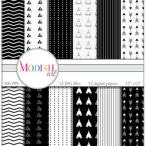 TÉLÉCHARGEMENT IMMÉDIAT, 12 papiers décoratifs noir et blanc, papier de scrapbooking, papier kraft, fabrication de cartes, flèche, tipi, montagne, chevron