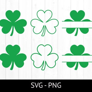 Shamrock Svg para uso comercial, paquete del día de San Patricio, contorno de trébol, imágenes prediseñadas de la suerte, archivo de corte, PNG de trébol dividido, monograma SVG