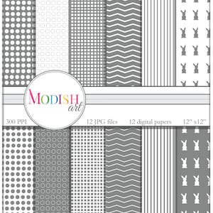 Descarga instantánea, 12 papeles decorativos grises y blancos, papel de álbum de recortes, suministros de artesanía, fabricación de tarjetas, Pascua, conejito, conejitos, chevron