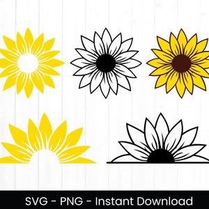 Paquete SVG de girasol, uso comercial, medio girasol, archivo cortado, flor amarilla PNG, imágenes prediseñadas, diseño de camiseta floral, SVG de verano