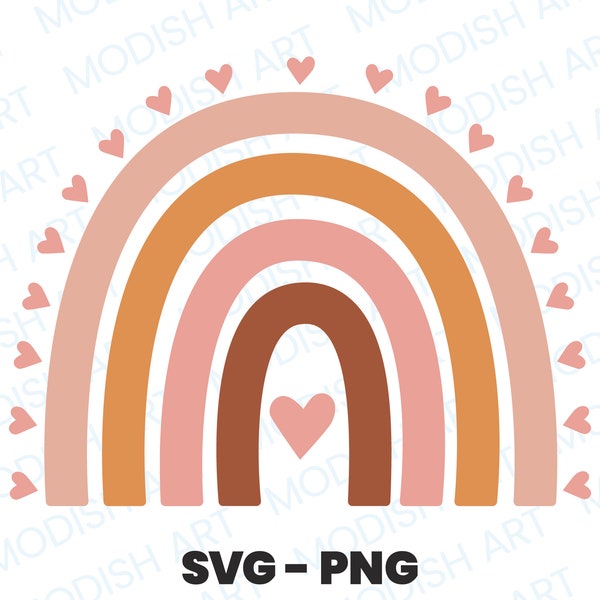 Boho Rainbow for Commercial Use, Layered SVG Cut File, Bohemian Rainbow, Cute Cut File, Boho PNG, Clipart, Cute T-shirt Design, Hearts