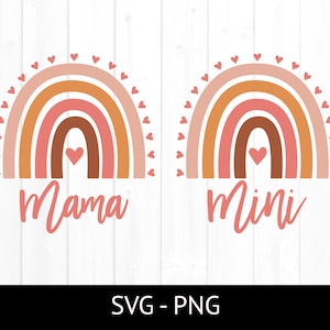 Mama e MIni SVG, Boho Rainbow, arquivo de corte para uso comercial, design de camiseta fofa, arquivo SVG em camadas, Boho Clipart PNG, Família