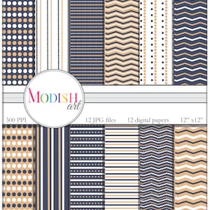 Download instantâneo, 12 papéis para impressão em azul marinho escuro e marrom claro, scrapbooking, papel para scrapbook, confecção de cartões, papel decorativo, menino