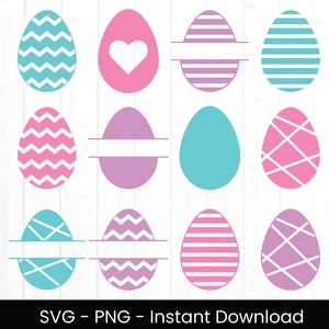 Lot d'oeufs de Pâques SVG, fichier de coupe pour usage commercial, oeuf à chevrons, conception de panier de Pâques à rayures, clipart printemps, coeur, géométrique, Png