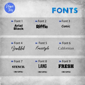 Puede incluir: Imagen que muestra nueve estilos de fuente diferentes, cada uno con un n&uacute;mero y un nombre. Las fuentes var&iacute;an desde negritas sin serifa hasta escritura elegante. La palabra "FONTS" se muestra en azul en la parte superior, con el logotipo de Wave Tees en la esquina superior izquierda.